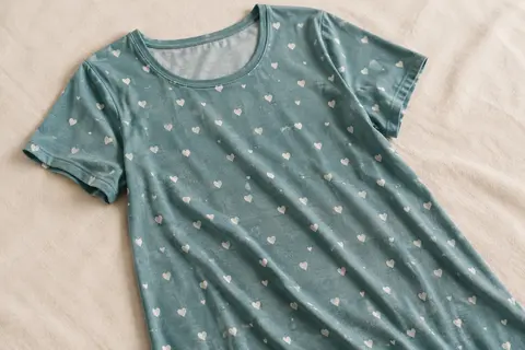Chemise de nuit vert-bleu à manches courtes, col rond, coupe ample et motif imprimé de cœurs sur fond crème.