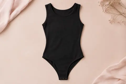 Body noir sans manches en coton extensible, à col rond et pressions à l’entrejambe, présenté à plat