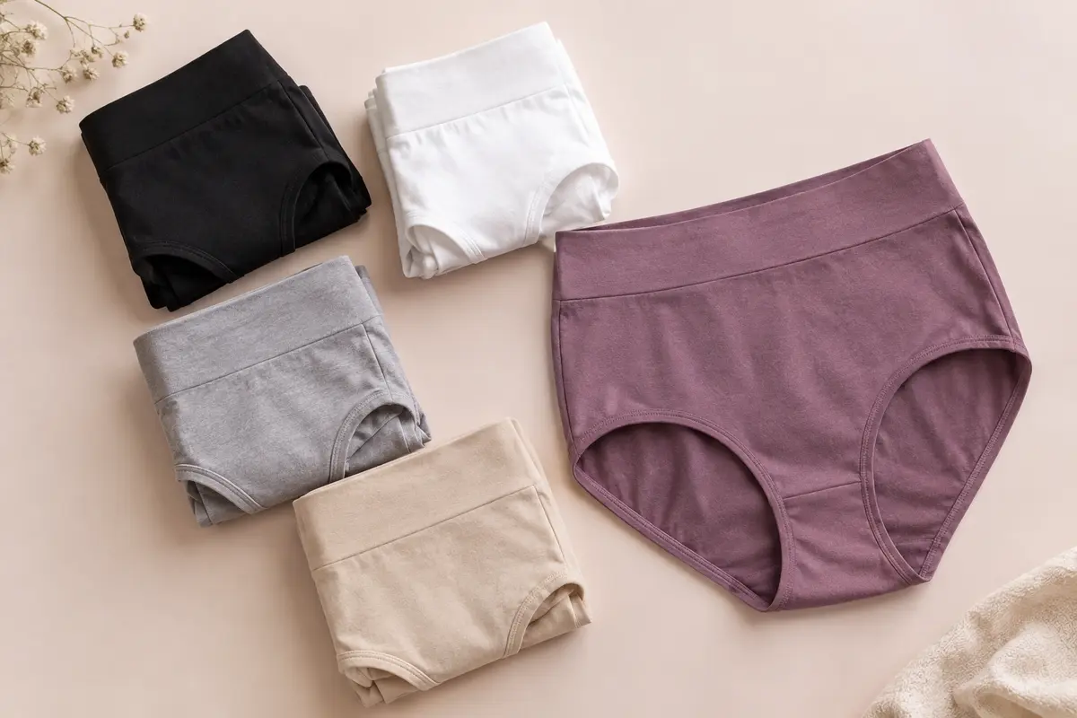 Cinq culottes taille haute en coton stretch, dans des tons variés, présentées sur un fond crème.