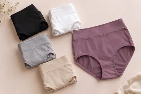 Cinq culottes taille haute en coton stretch, dans des tons variés, présentées sur un fond crème.