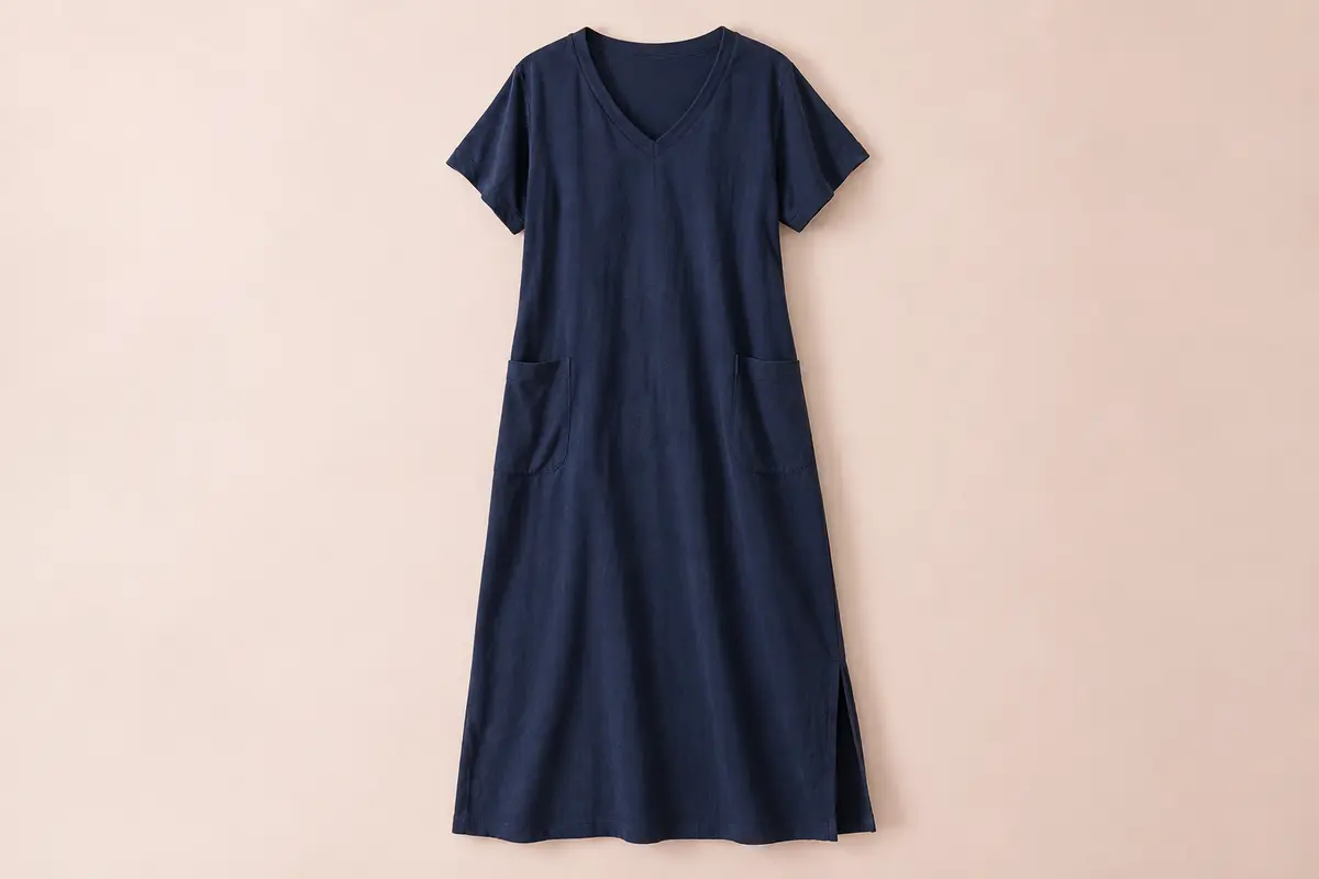 Chemise de nuit longue bleu foncé à manches courtes, col V, poches latérales et fente sur fond crème.
