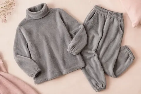 Ensemble de pyjama gris en polaire avec haut à col montant, pantalon et poches, posé sur un fond crème.