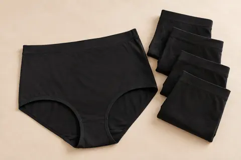Culottes noires en coton à taille haute, présentées à plat et pliées sur un fond crème.