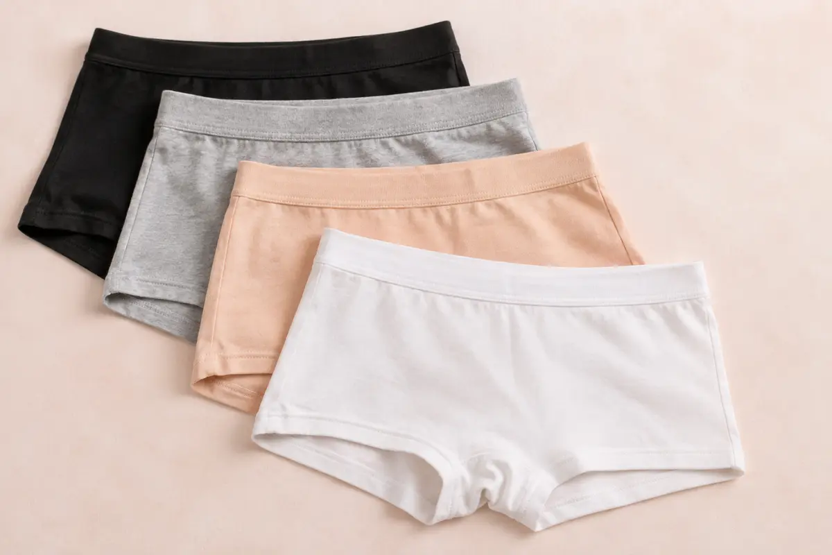 Quatre shortys boxer en coton, en noir, gris clair, abricot et blanc, présentés sur un fond crème.