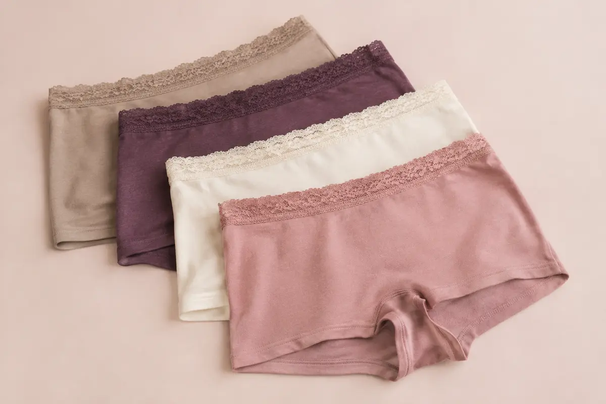 Shorties de lingerie en coton pliés, avec une bordure en dentelle à la taille et des teintes douces variées.