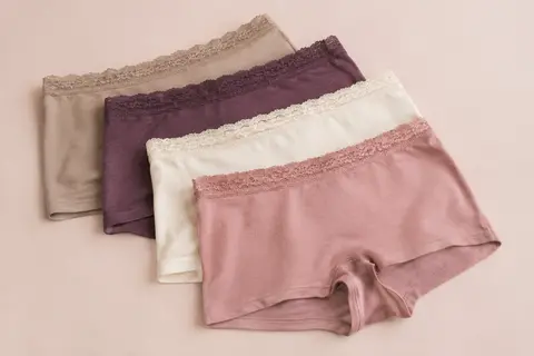 Shorties de lingerie en coton pliés, avec une bordure en dentelle à la taille et des teintes douces variées.
