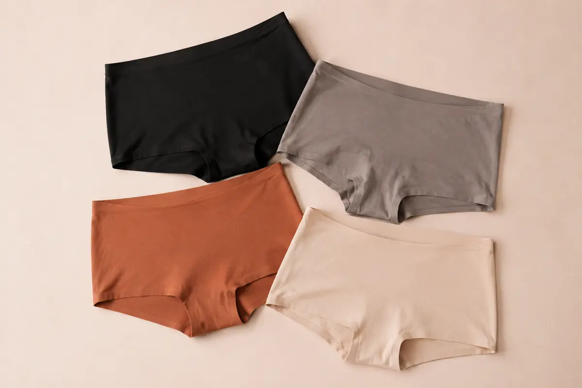 Shorties boxer sans couture en maille lisse, présentés dans plusieurs coloris sur un fond crème