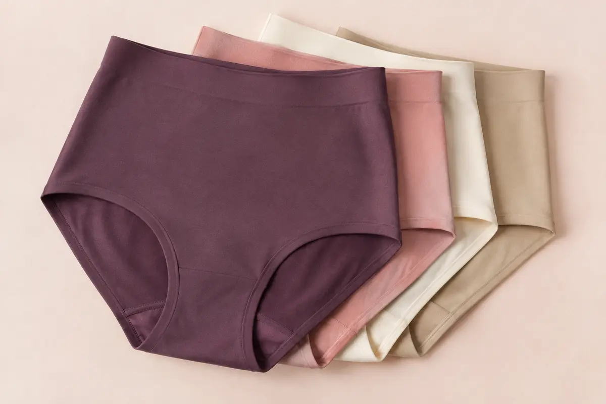 Culotte taille haute sans couture en matière extensible, présentée sur un fond crème doux.