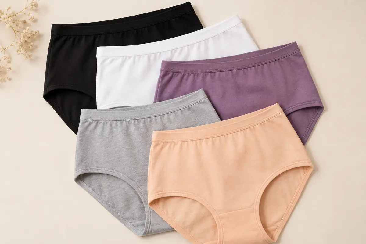 Lot de cinq culottes taille haute unies en coton, en noir, blanc, violet, gris et abricot.