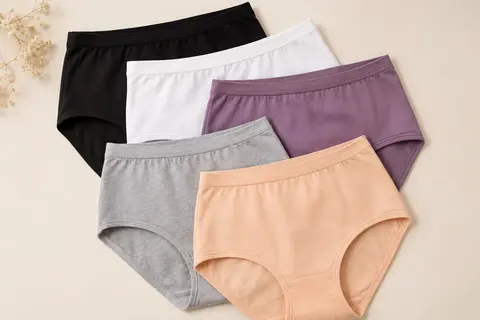 Lot de cinq culottes taille haute unies en coton, en noir, blanc, violet, gris et abricot.