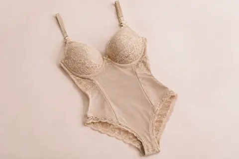 Body beige sans armatures posé à plat, avec bonnets doublés et dentelle florale visible.
