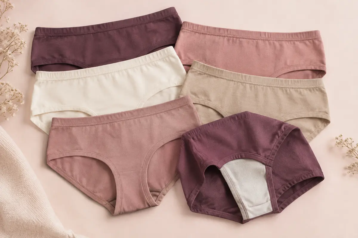 Lot de six culottes hipster en coton, pliées sur un fond crème doux avec leur ceinture élastique visible.