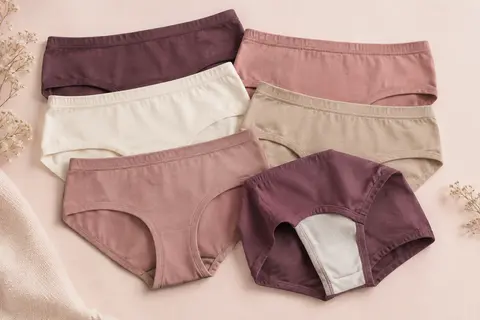 Lot de six culottes hipster en coton, pliées sur un fond crème doux avec leur ceinture élastique visible.