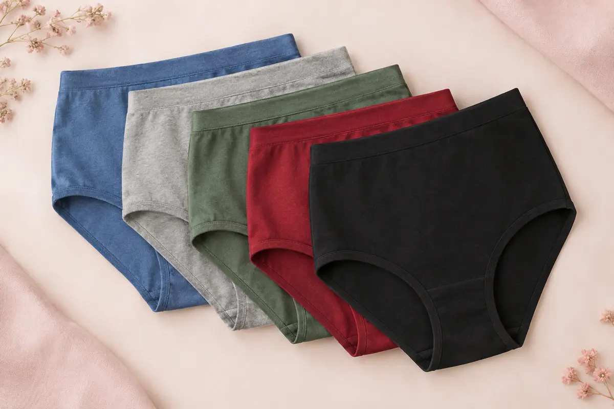 Cinq slips taille haute unis en coton, pliés sur un fond crème aux ombres douces.