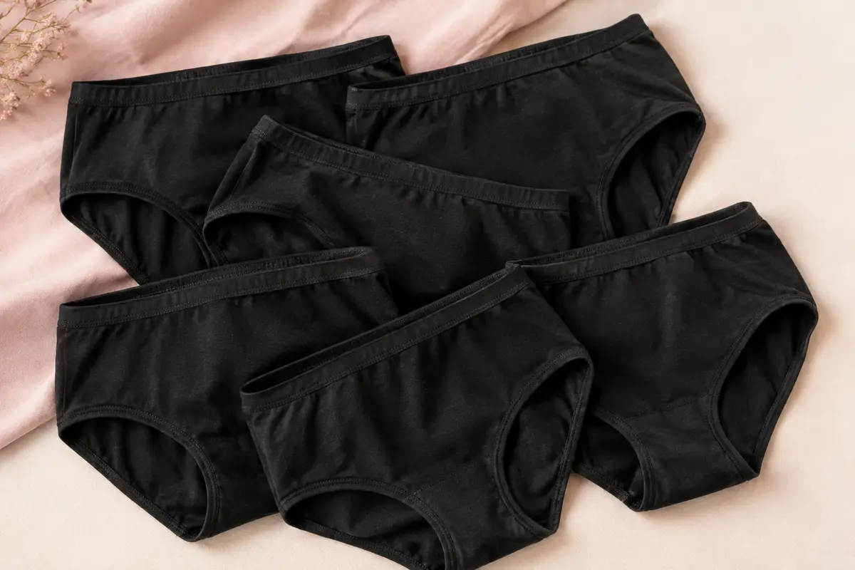 Six culottes classiques noires en coton extensible disposées sur un fond crème à la lumière douce.