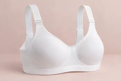 Soutien-gorge blanc sans armatures à bretelles extra larges et bande de maintien sous la poitrine, posé sur fond crème.