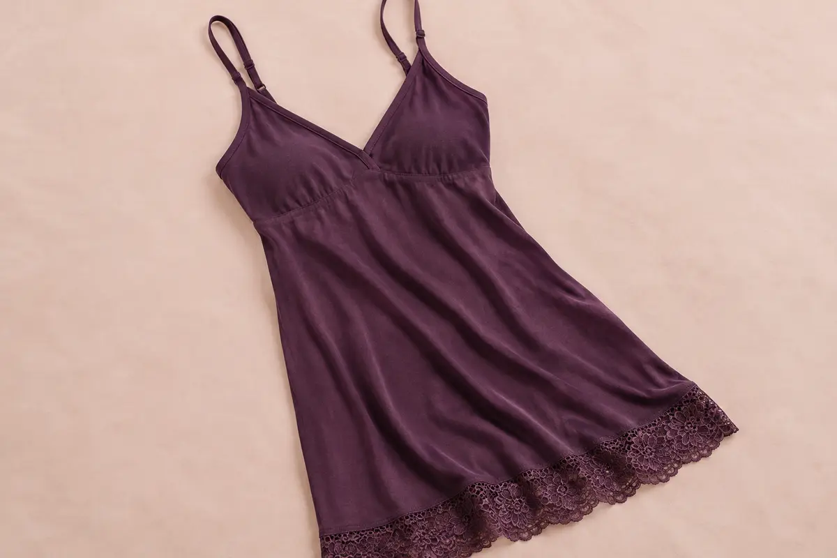 Chemise de nuit violet foncé en coton extensible, avec fines bretelles réglables et dentelle à l’ourlet