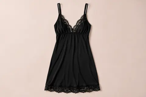 Nuisette noire sans manches avec col en V, doubles bretelles et dentelle ajourée au décolleté et à l’ourlet.