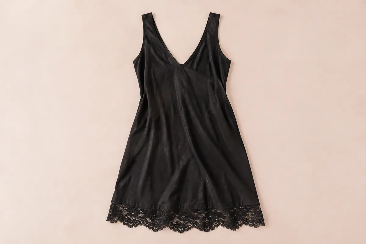 Nuisette noire sans manches en coton, avec col en V et ourlet en dentelle ajourée sur fond crème.