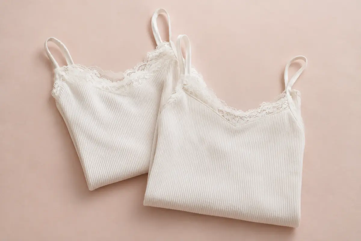Deux caracos blancs en coton côtelé à fines bretelles, avec des détails de dentelle sur fond crème.