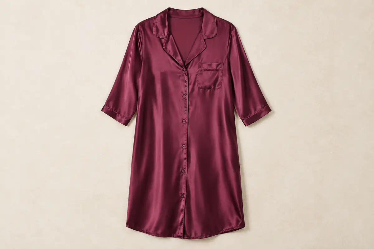 Chemise de nuit satinée rouge violet avec boutons devant, col en V, manches 3/4 et poche avant