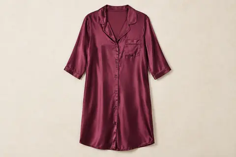 Chemise de nuit satinée rouge violet avec boutons devant, col en V, manches 3/4 et poche avant