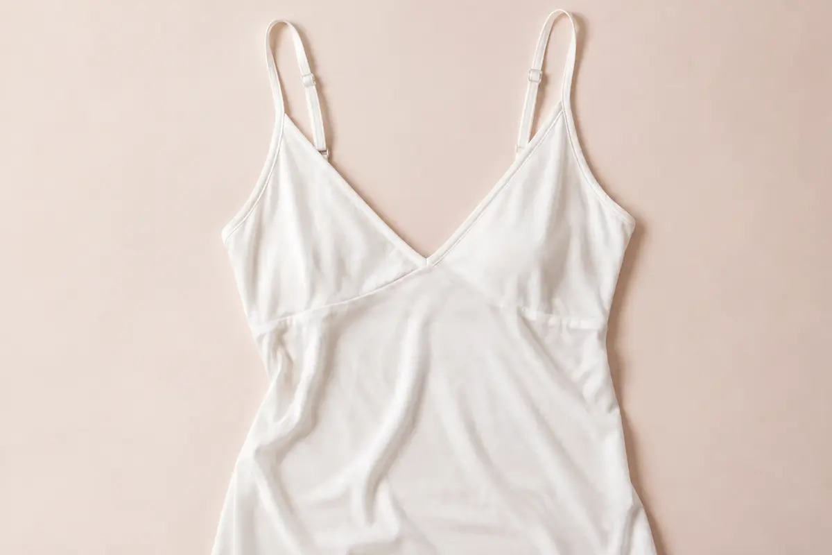 Fond de robe blanc en modal, avec décolleté en V et bretelles réglables, présenté sur un fond crème.