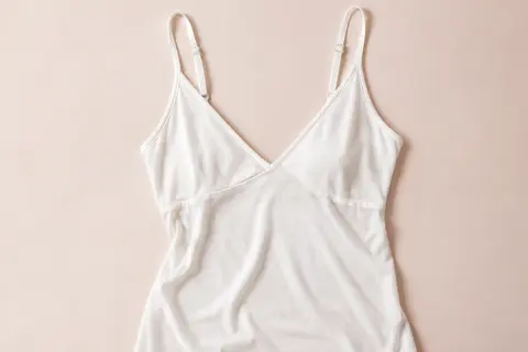 Fond de robe blanc en modal, avec décolleté en V et bretelles réglables, présenté sur un fond crème.