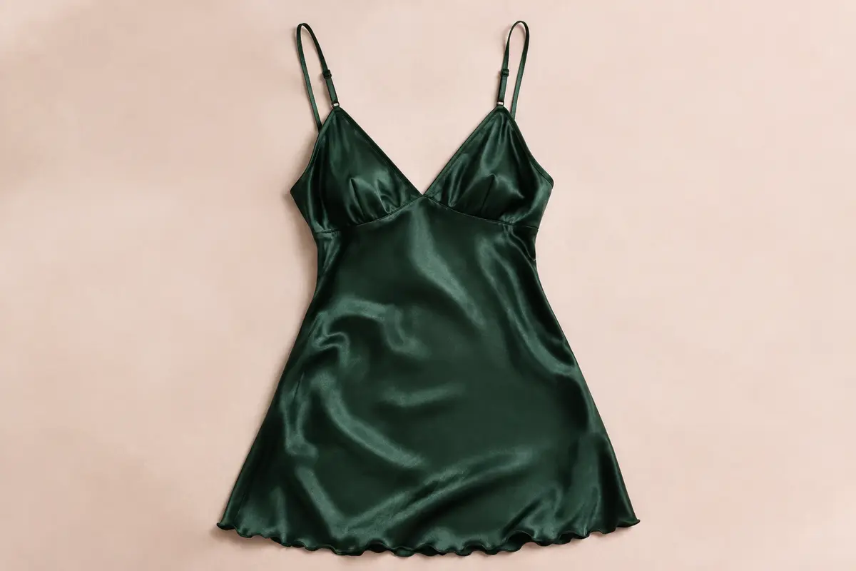 Nuisette courte en satin vert foncé, avec décolleté en V, fines bretelles et ourlet ondulé sur fond crème.