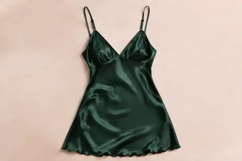 Nuisette courte en satin vert foncé, avec décolleté en V, fines bretelles et ourlet ondulé sur fond crème.