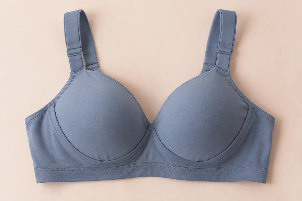 Soutien-gorge minimiseur Wingslove gris bleu, sans armatures, avec bonnets emboîtants et larges bretelles.