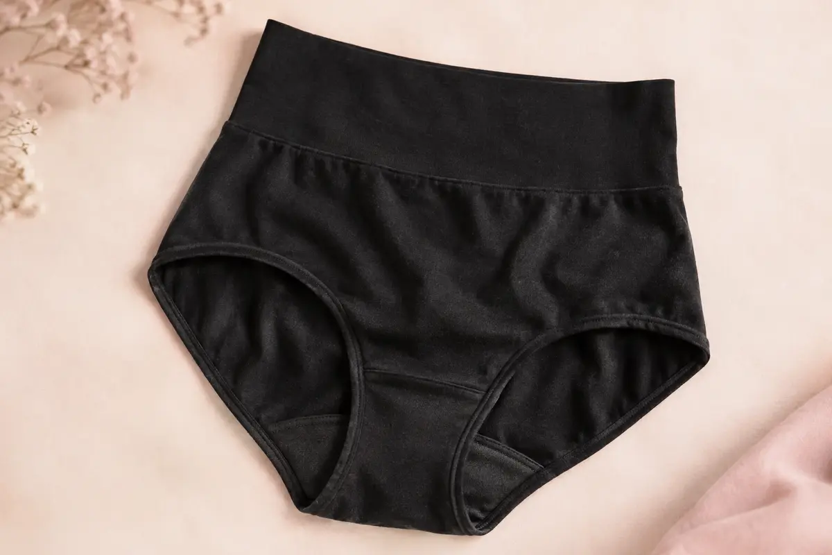 Culotte noire taille haute en coton avec entrejambe large à double couche, présentée sur fond crème