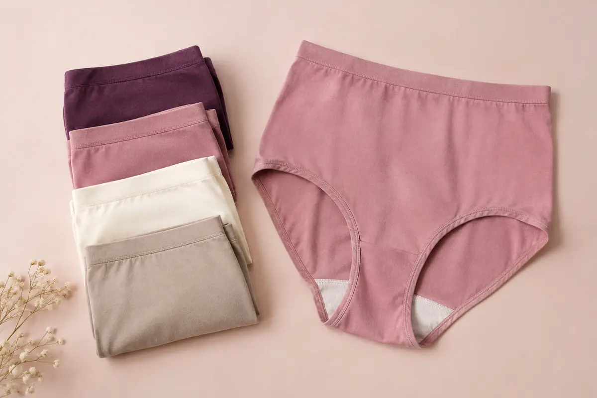 Lot de quatre culottes taille très haute en coton extensible, présentées sur un fond crème doux.