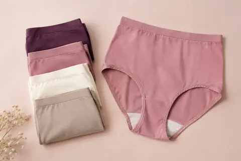 Lot de quatre culottes taille très haute en coton extensible, présentées sur un fond crème doux.