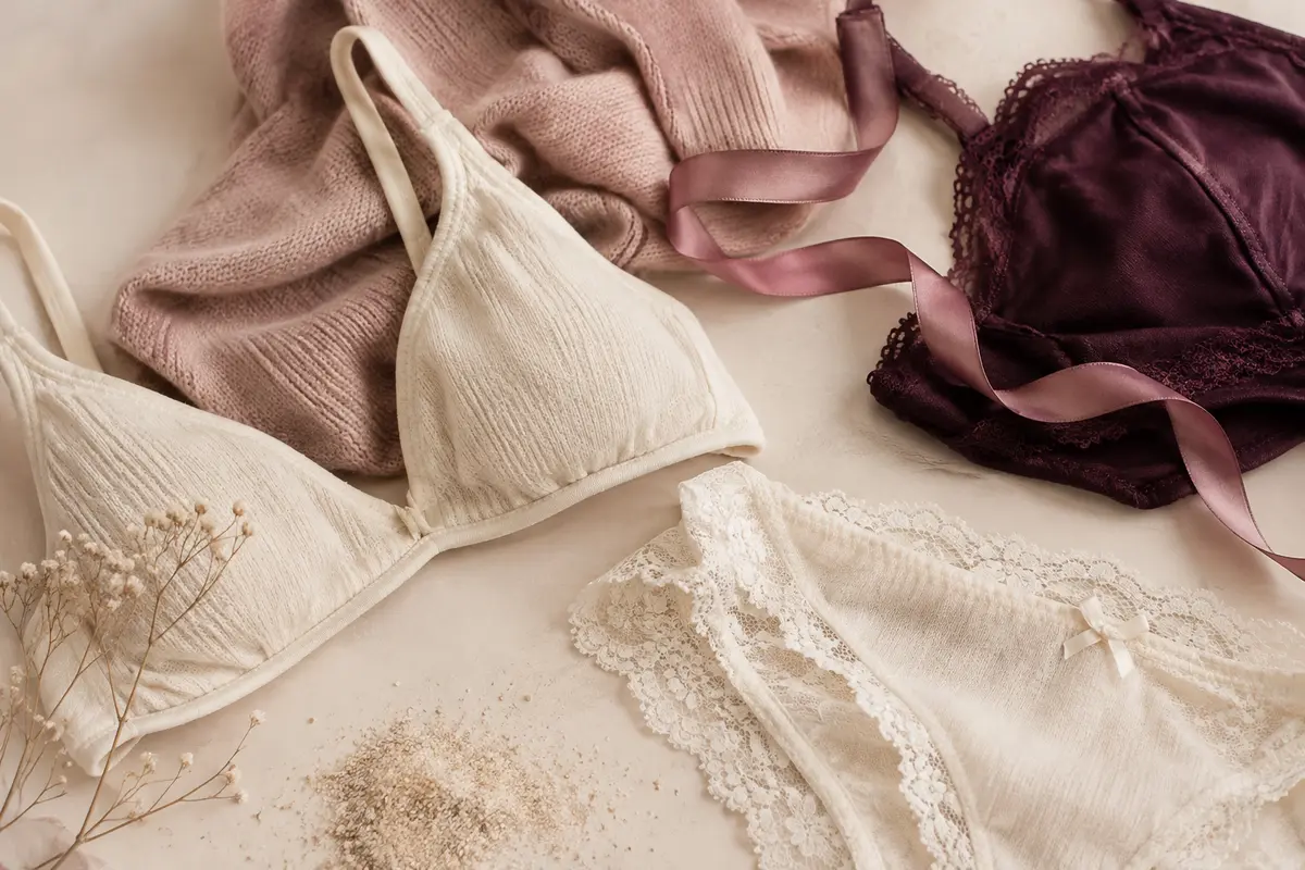 Lingerie confortable aux matières visibles, dans des tons prune, ivoire et vieux rose.
